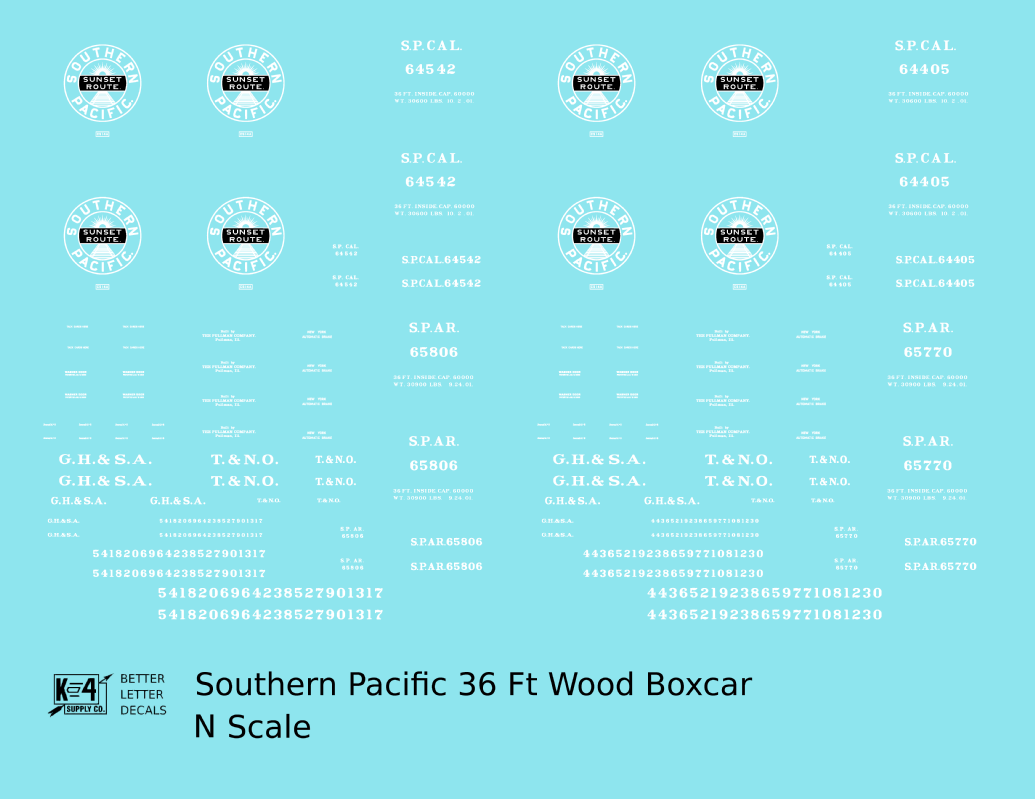 Southern Pacific 36 Ft Wood Boxcar White SP CAL. SP AR. - Decal - Choose Scale