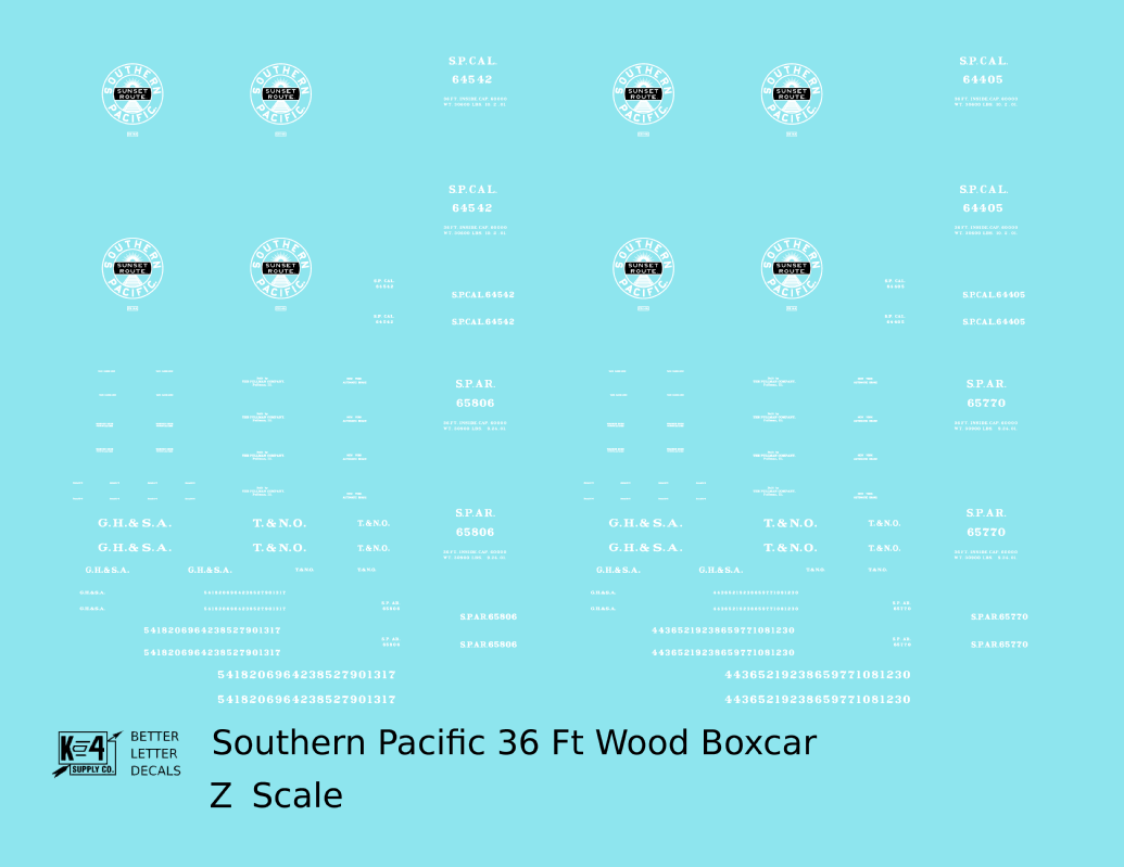 Southern Pacific 36 Ft Wood Boxcar White SP CAL. SP AR. - Decal - Choose Scale