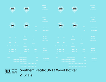 Southern Pacific 36 Ft Wood Boxcar White SP CAL. SP AR. - Decal - Choose Scale