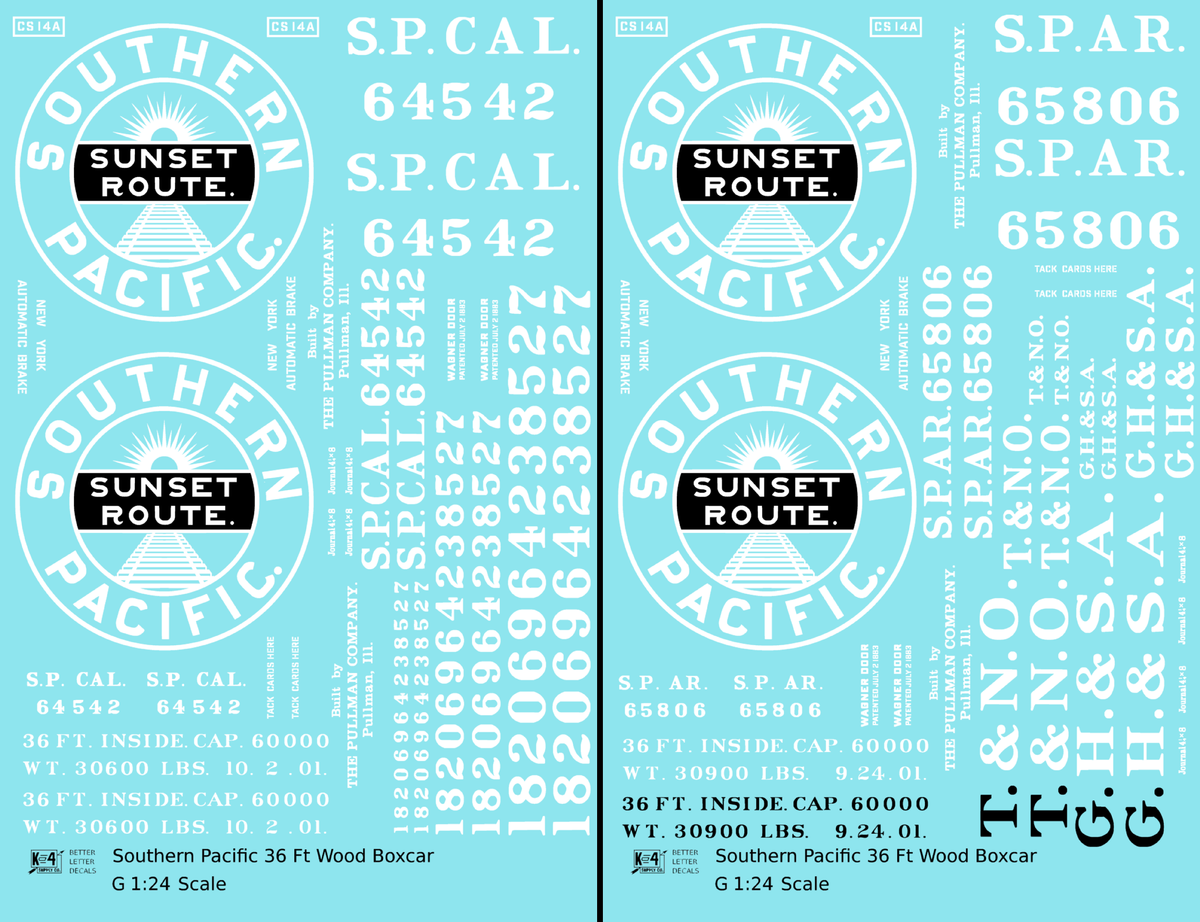 Southern Pacific 36 Ft Wood Boxcar White SP CAL. SP AR. - Decal - Choose Scale