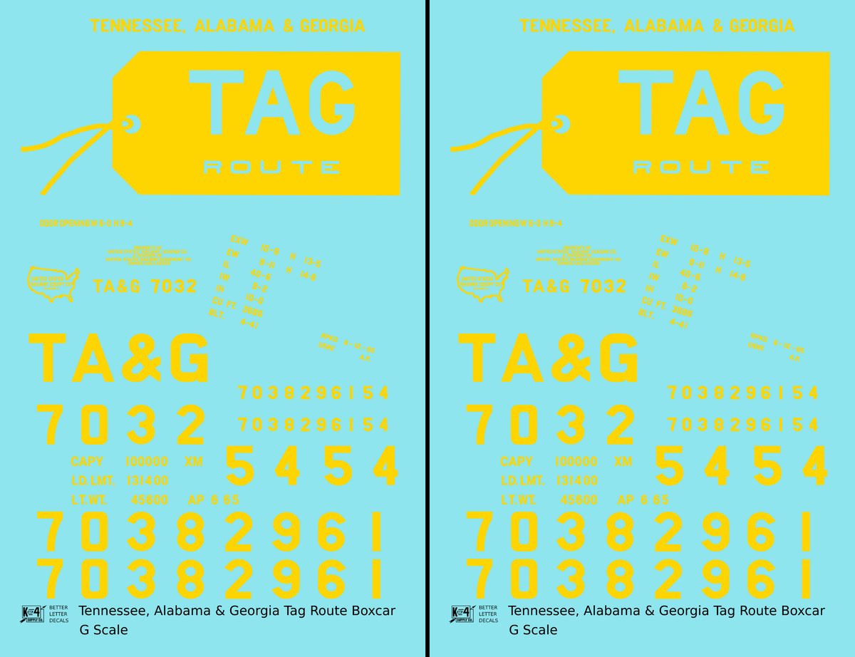 Tennessee, Alabama and Georgia 40 Ft Boxcar Yellow TAG Route