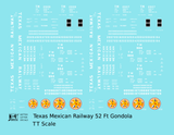 Texas Mexican Railway 52 Ft Gondola White  - Decal - Choose Scale