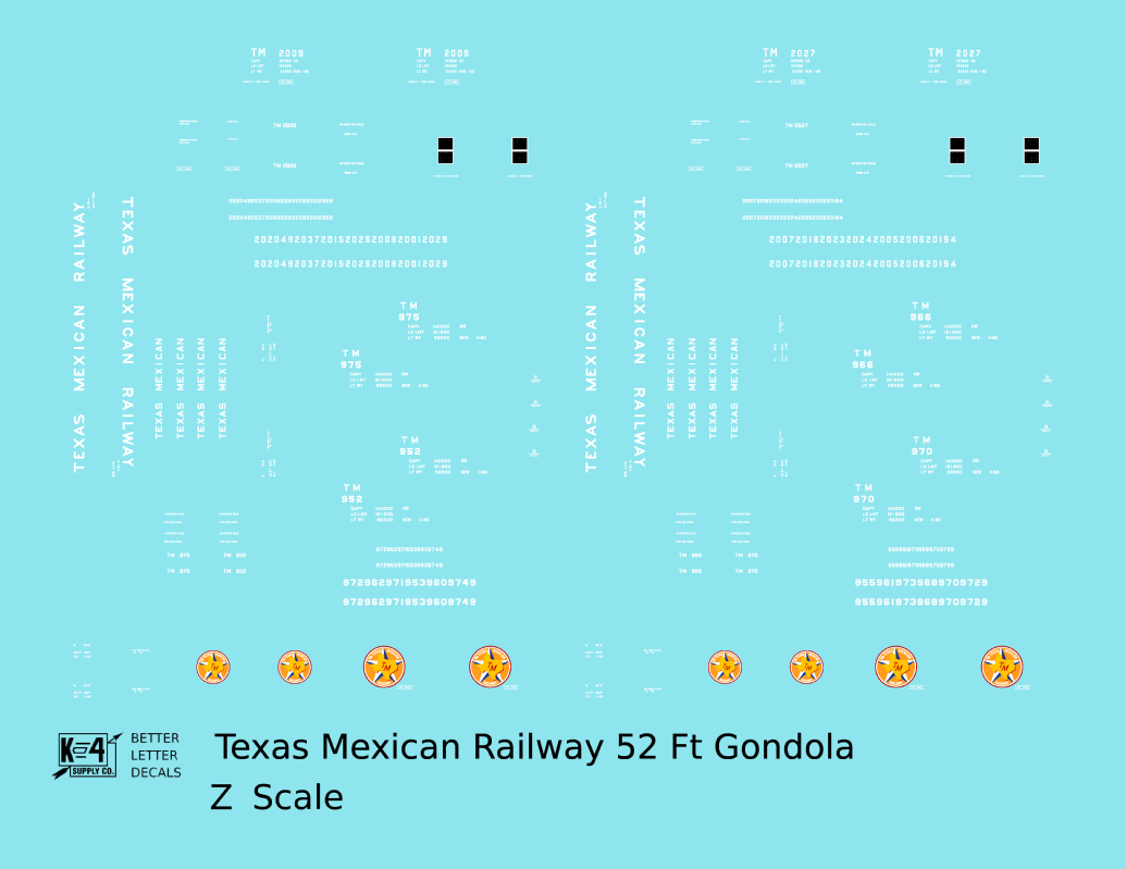 Texas Mexican Railway 52 Ft Gondola White  - Decal - Choose Scale
