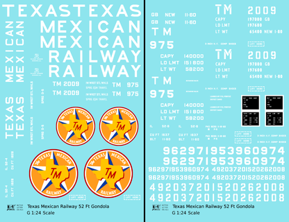 Texas Mexican Railway 52 Ft Gondola White  - Decal - Choose Scale