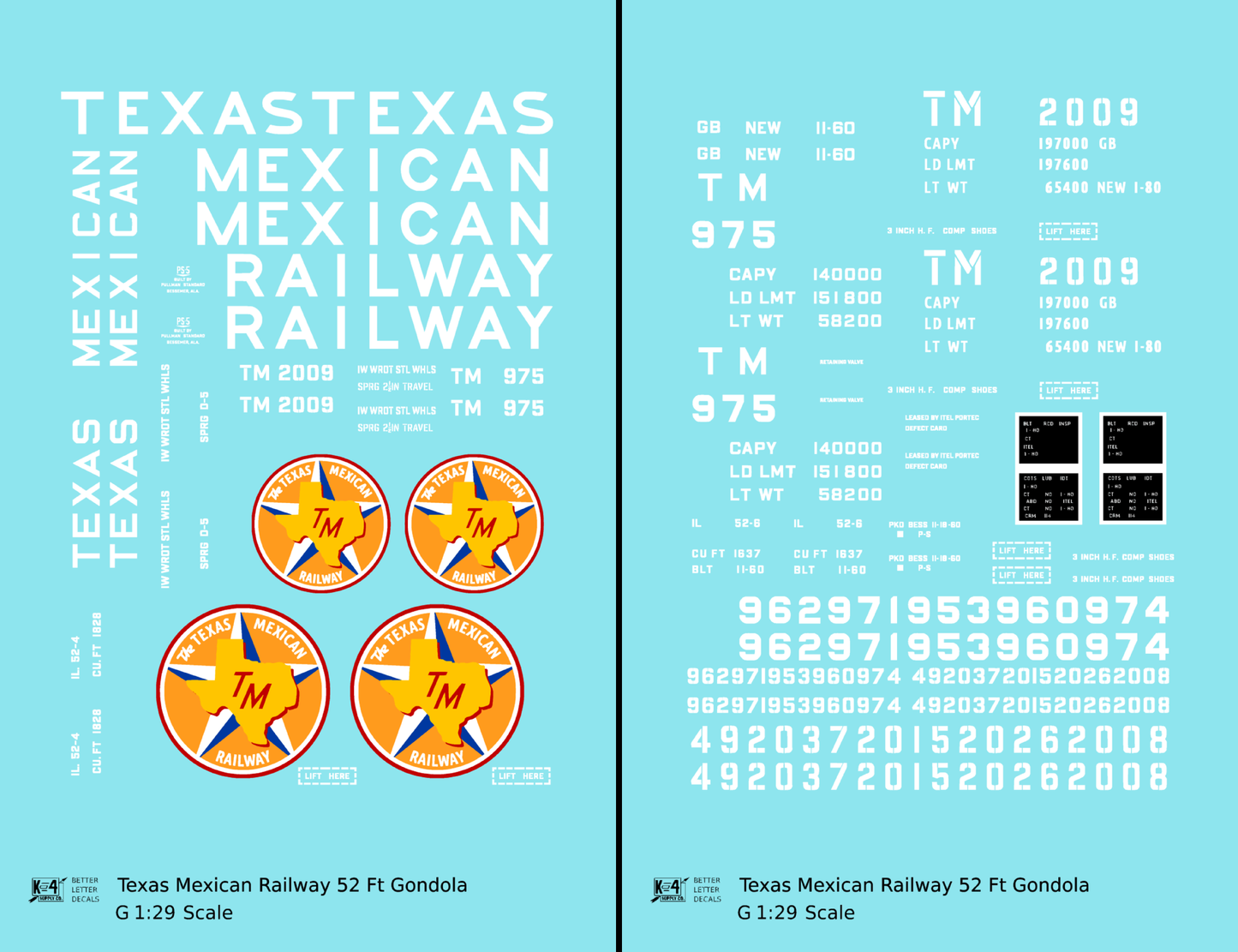 Texas Mexican Railway 52 Ft Gondola White  - Decal - Choose Scale