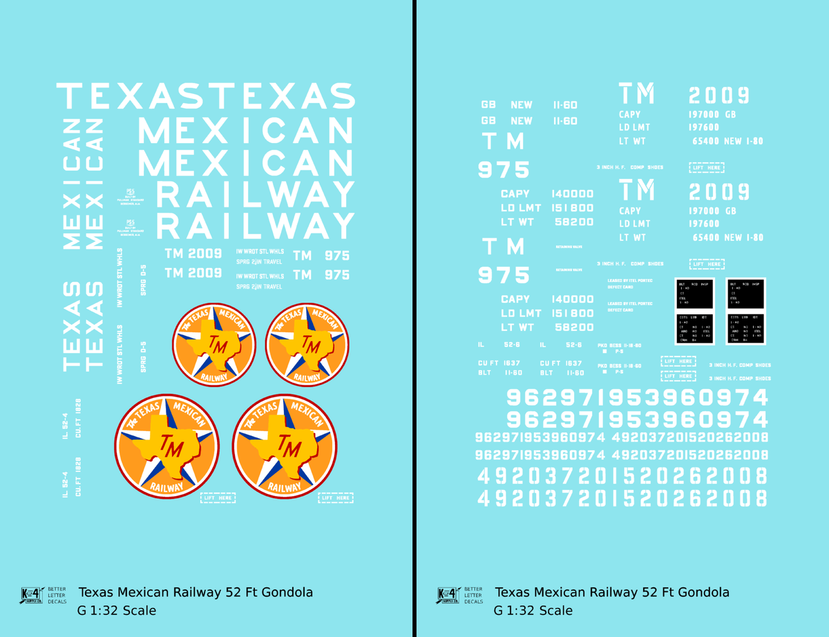 Texas Mexican Railway 52 Ft Gondola White  - Decal - Choose Scale