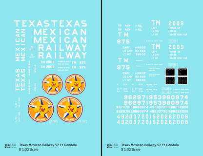 Texas Mexican Railway 52 Ft Gondola White  - Decal - Choose Scale