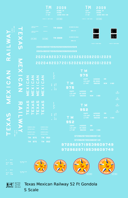 Texas Mexican Railway 52 Ft Gondola White  - Decal - Choose Scale