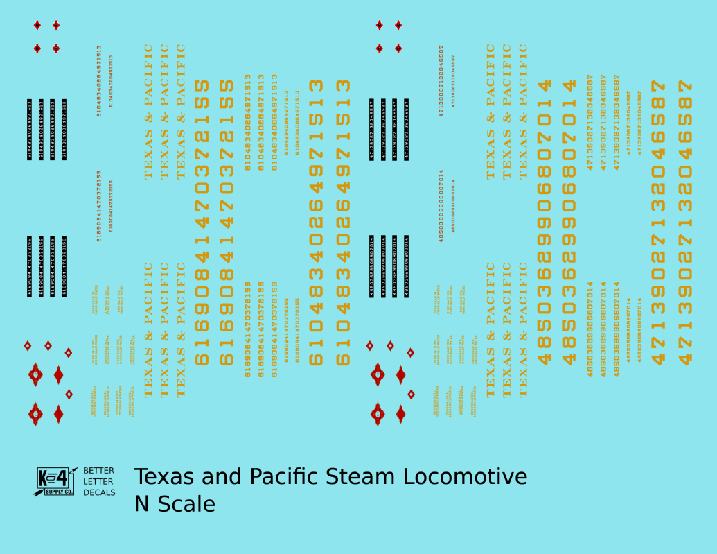 Texas and Pacific Steam Locomotive Dulux Gold  - Decal - Choose Scale