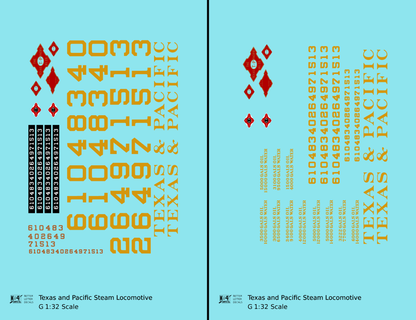 Texas and Pacific Steam Locomotive Dulux Gold  - Decal - Choose Scale