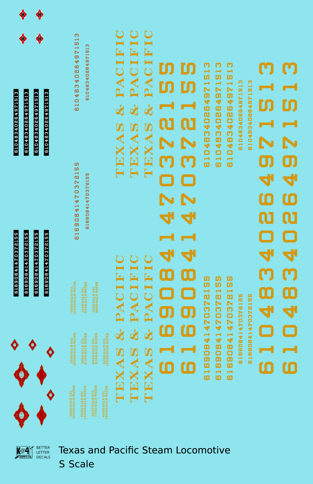 Texas and Pacific Steam Locomotive Dulux Gold  - Decal - Choose Scale