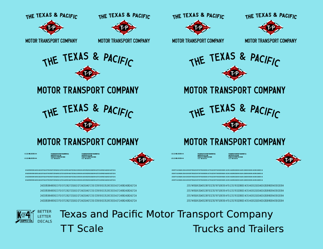 Texas and Pacific Box Truck, Tractor and Semi Trailer Black and Red  - Decal - Choose Scale