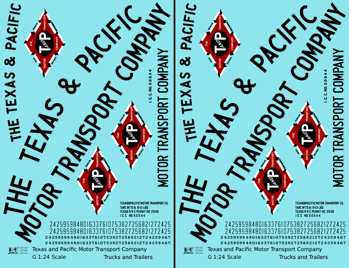 Texas and Pacific Box Truck, Tractor and Semi Trailer Black and Red  - Decal - Choose Scale