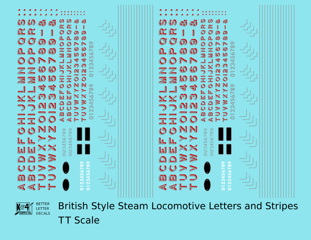 British Steam Locomotive Letters and Stripes  Silver With Red Shadow