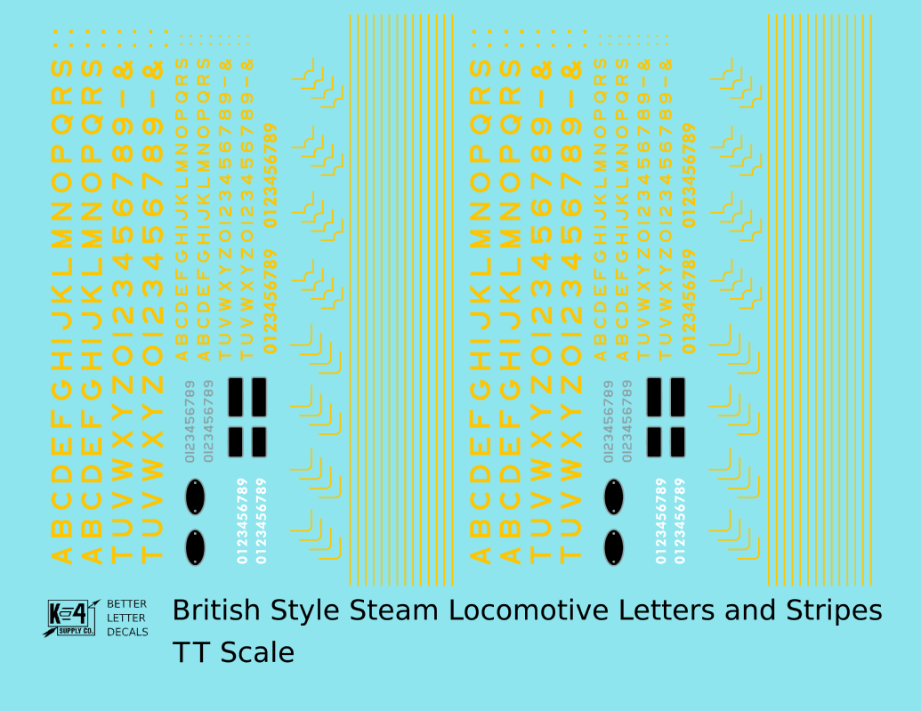 British Steam Locomotive Letters and Stripes  Black With Yellow Shadow