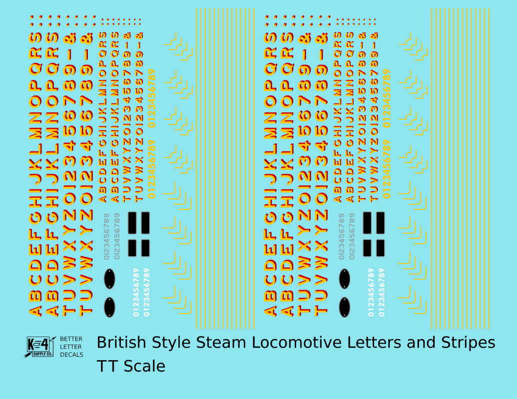 British Steam Locomotive Letters and Stripes  Yellow With Red Shadow
