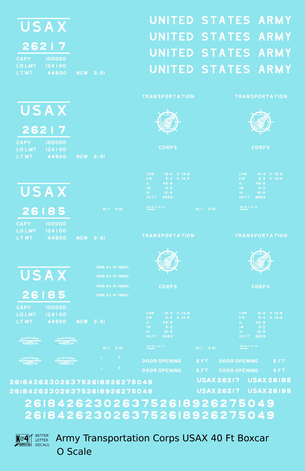 USAX Army Transportation Corps 40 Ft Steel Boxcar White