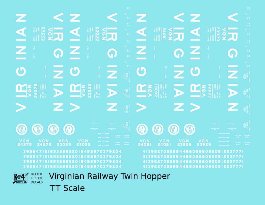 Virginian 55 Ton Twin Hopper White  - Decal - Choose Scale