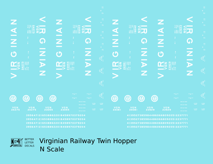 Virginian 55 Ton Twin Hopper White  - Decal - Choose Scale