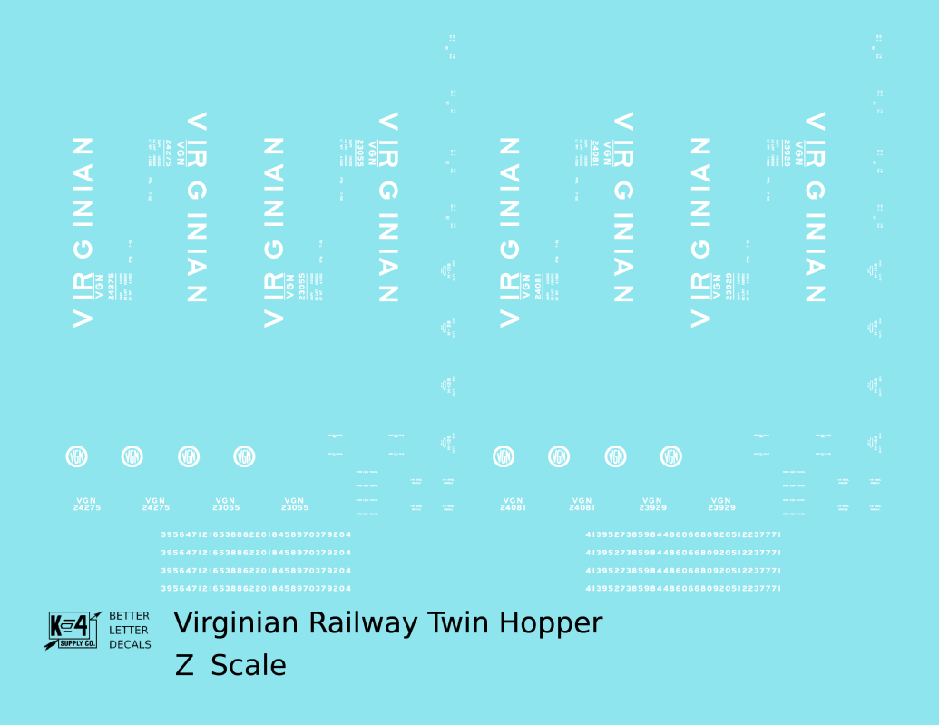 Virginian 55 Ton Twin Hopper White  - Decal - Choose Scale