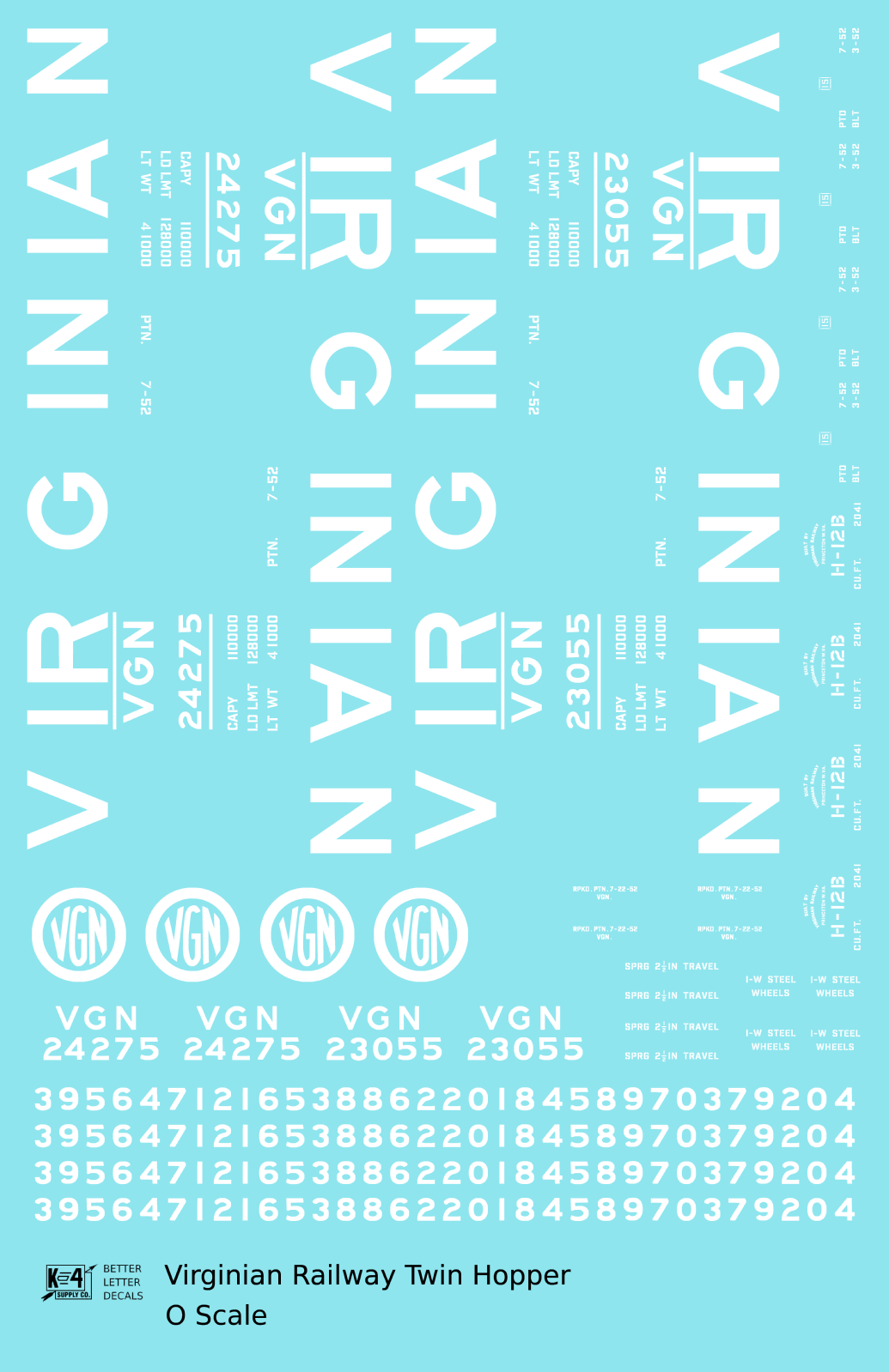 Virginian 55 Ton Twin Hopper White  - Decal Sheet