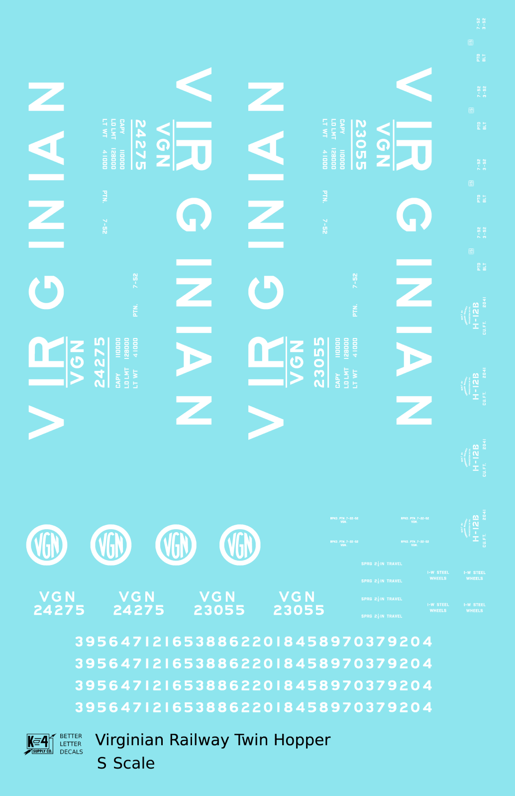 Virginian 55 Ton Twin Hopper White  - Decal - Choose Scale