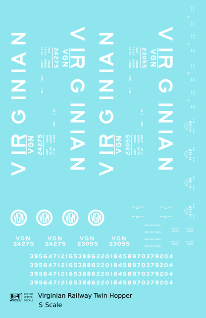 Virginian 55 Ton Twin Hopper White  - Decal - Choose Scale