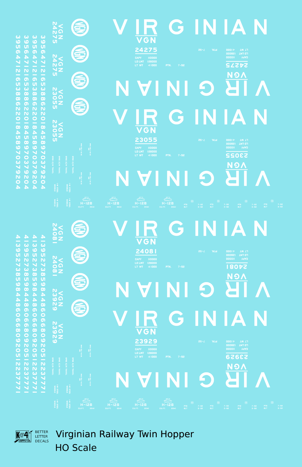 Virginian 55 Ton Twin Hopper White  - Decal - Choose Scale