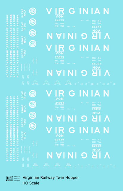 Virginian 55 Ton Twin Hopper White  - Decal - Choose Scale