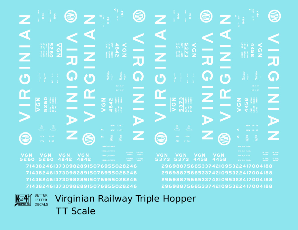 Virginian 70 Ton Triple Hopper White  - Decal - Choose Scale