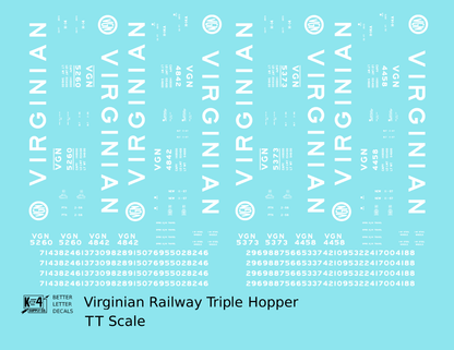 Virginian 70 Ton Triple Hopper White  - Decal - Choose Scale