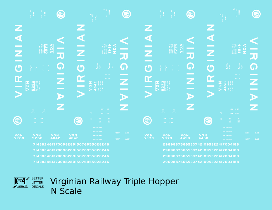 Virginian 70 Ton Triple Hopper White  - Decal - Choose Scale