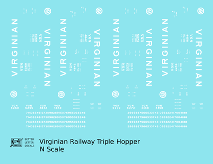 Virginian 70 Ton Triple Hopper White  - Decal - Choose Scale