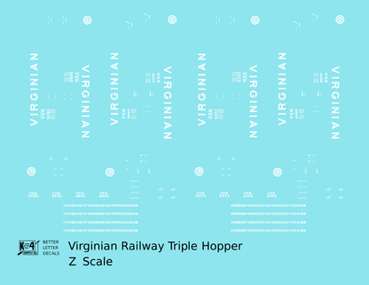 Virginian 70 Ton Triple Hopper White  - Decal - Choose Scale