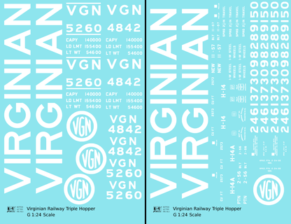 Virginian 70 Ton Triple Hopper White  - Decal - Choose Scale