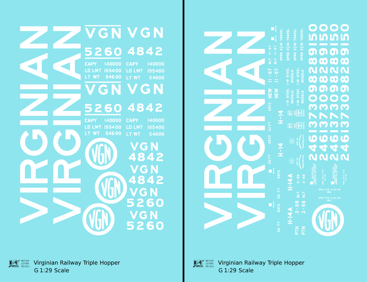 Virginian 70 Ton Triple Hopper White  - Decal - Choose Scale
