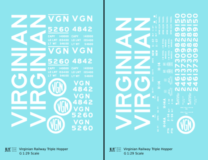 Virginian 70 Ton Triple Hopper White  - Decal - Choose Scale