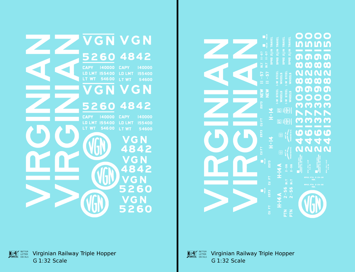 Virginian 70 Ton Triple Hopper White  - Decal - Choose Scale