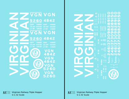 Virginian 70 Ton Triple Hopper White  - Decal - Choose Scale
