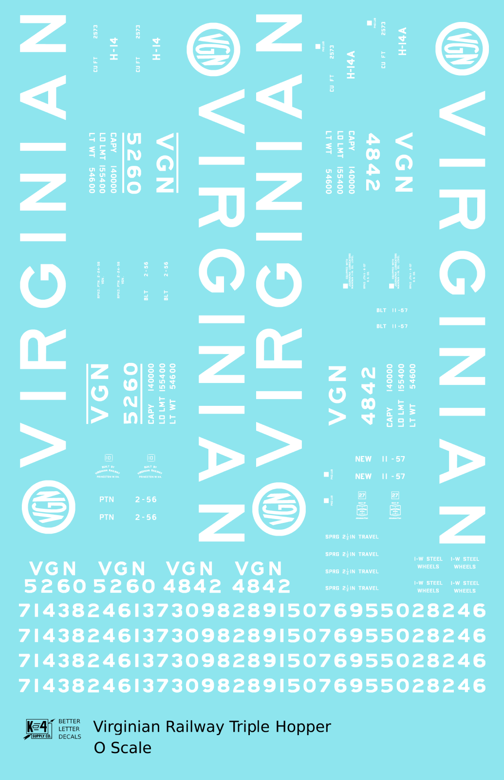 Virginian 70 Ton Triple Hopper White  - Decal Sheet