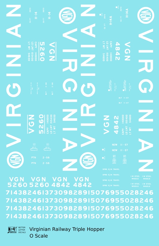 Virginian 70 Ton Triple Hopper White  - Decal Sheet
