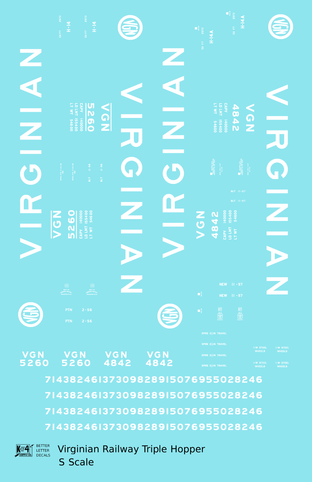 Virginian 70 Ton Triple Hopper White  - Decal - Choose Scale