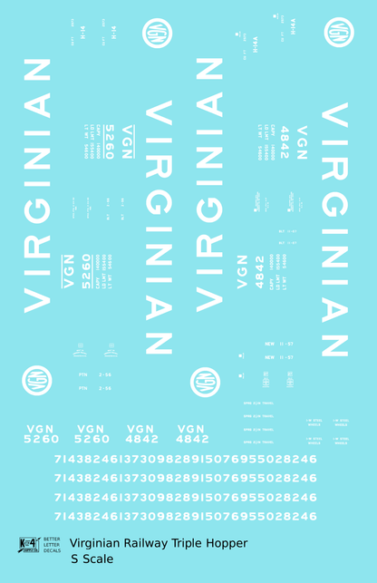 Virginian 70 Ton Triple Hopper White  - Decal - Choose Scale