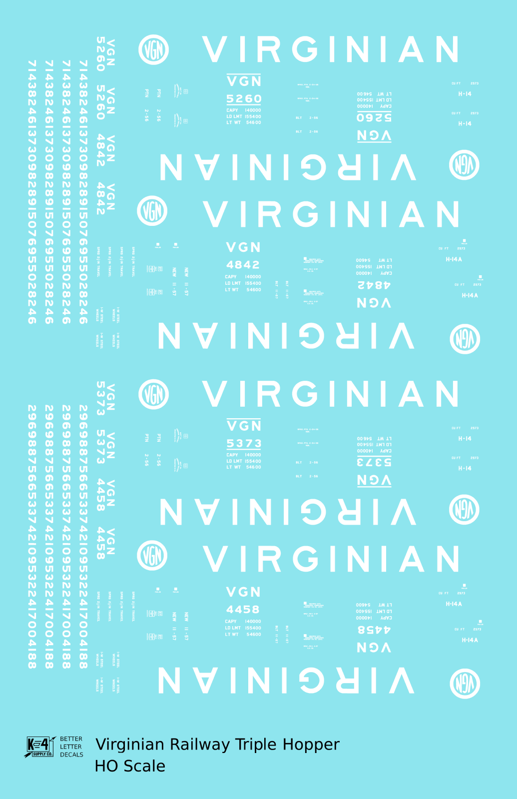 Virginian 70 Ton Triple Hopper White  - Decal - Choose Scale