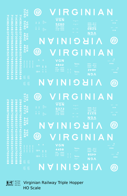 Virginian 70 Ton Triple Hopper White  - Decal - Choose Scale