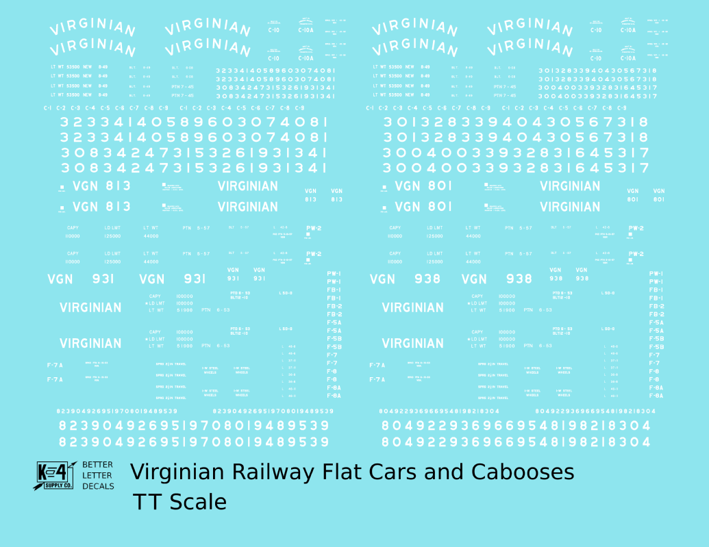 Virginian Flat Car and Caboose White  - Decal - Choose Scale