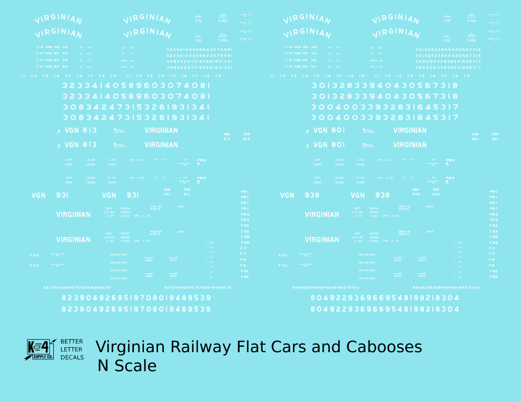 Virginian Flat Car and Caboose White  - Decal - Choose Scale