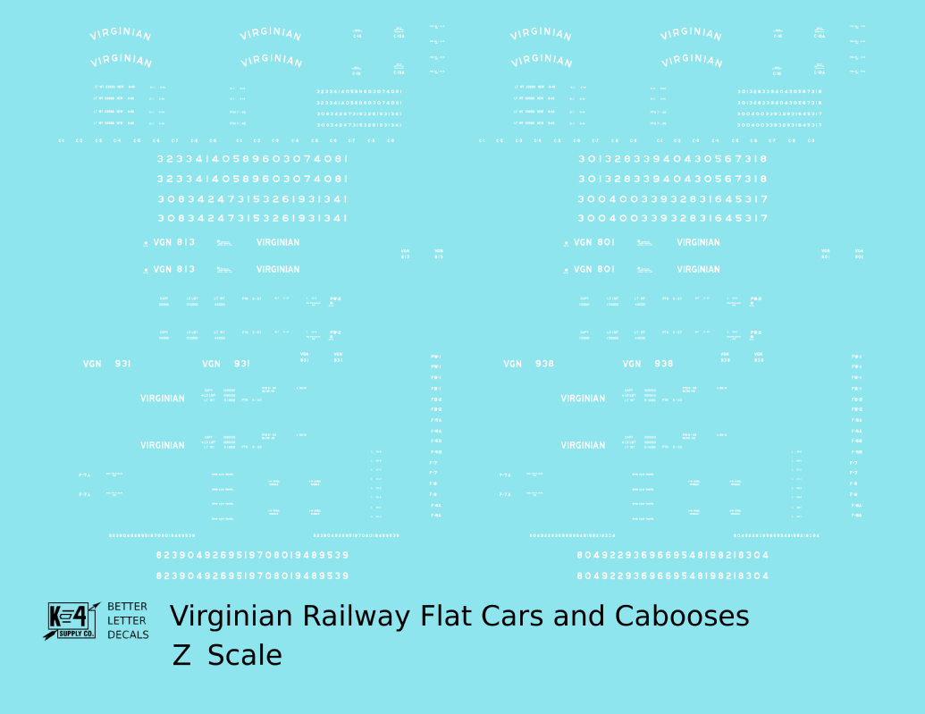 Virginian Flat Car and Caboose White  - Decal - Choose Scale