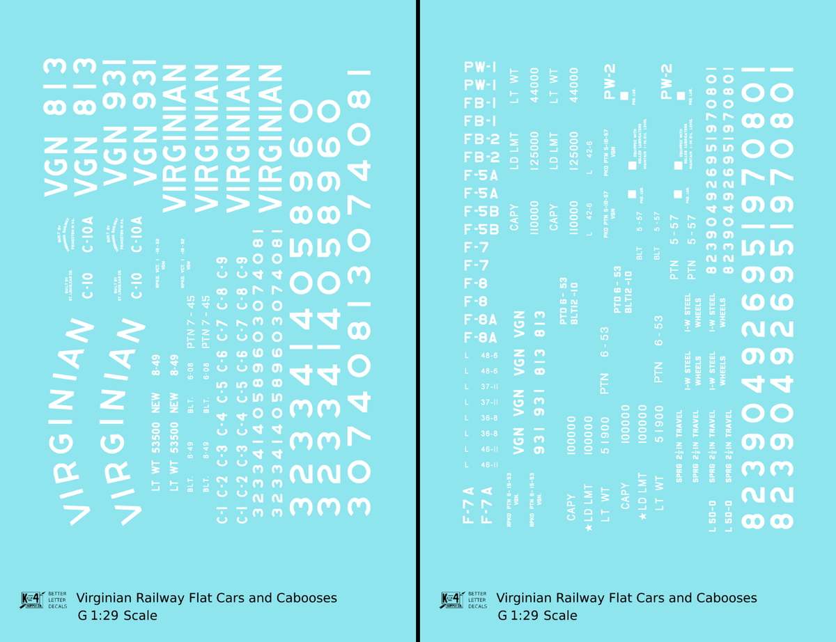 Virginian Flat Car and Caboose White  - Decal - Choose Scale