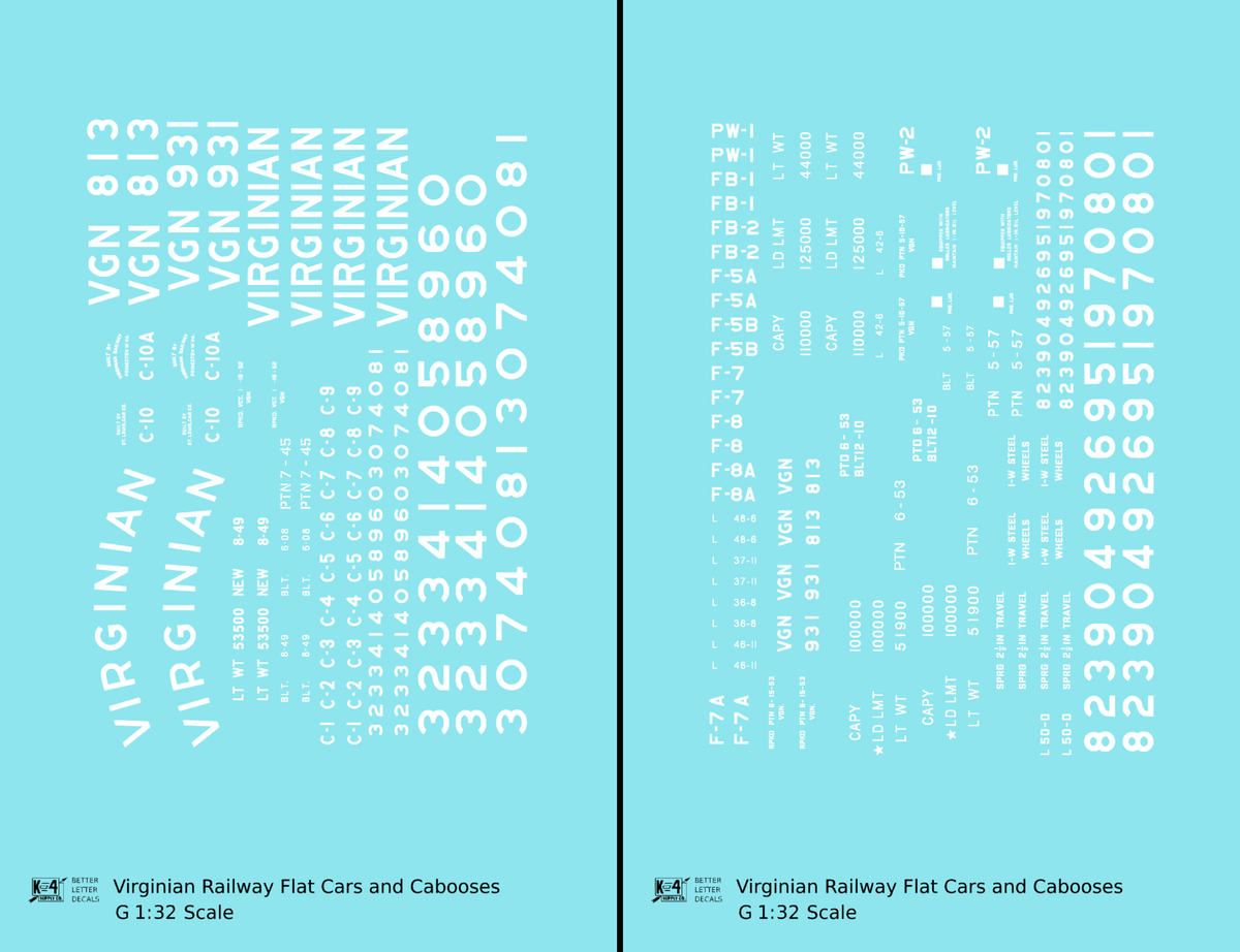 Virginian Flat Car and Caboose White  - Decal - Choose Scale